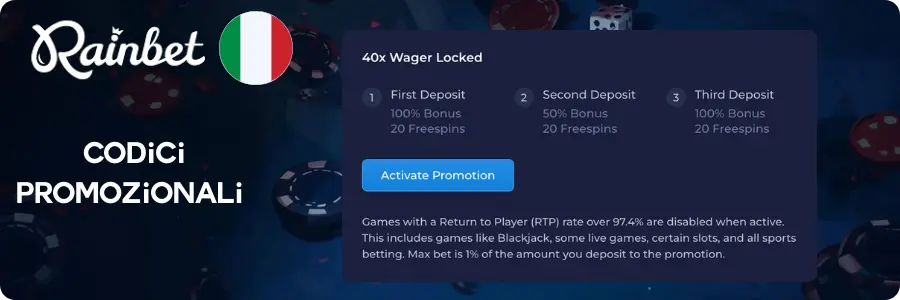 Rainbet codici promozionali: bonus sui primi 3 depositi con 20 giri gratuiti e requisito 40x