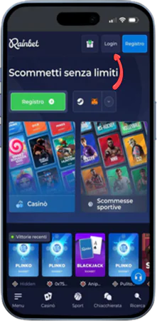 Modulo di accesso Rainbet su mobile