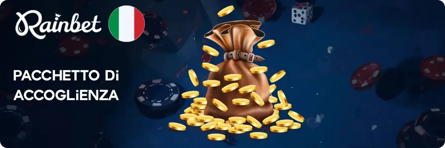 Rainbet pacchetto di accoglienza con sacchetto di monete d'oro e fiches da casinò su sfondo scuro