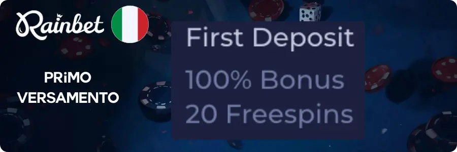 Rainbet bonus primo versamento: 100% sul deposito e 20 giri gratuiti, bandiera italiana