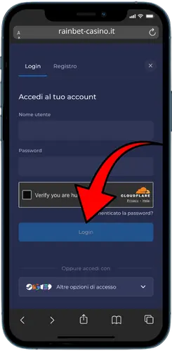 Pagina di login Rainbet su mobile con verifica Cloudflare e pulsante Login