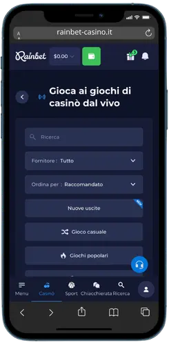Account Rainbet attivo su mobile con sezione casinò dal vivo e filtri di ricerca