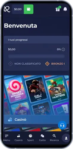 Schermata Account Rainbet con progressi e giochi casino