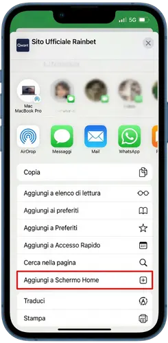 Menu di condivisione Safari con opzione Aggiungi a Schermo Home evidenziata