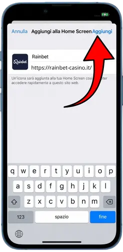 Schermata di conferma per aggiungere Rainbet alla Home Screen su iPhone