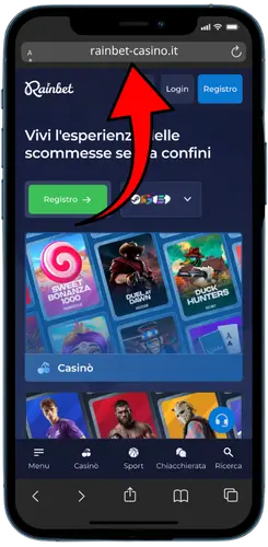 Pagina principale Rainbet su Safari con barra degli indirizzi evidenziata