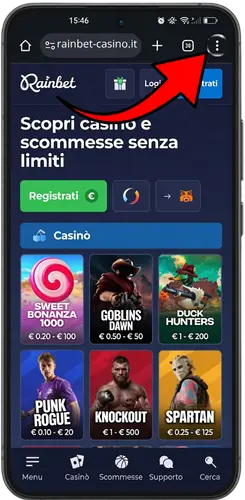Rainbet su mobile con tre puntini del menu del browser evidenziati