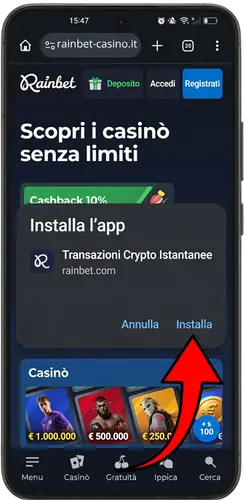 Finestra di installazione dell'app Rainbet su Android con pulsante Installa