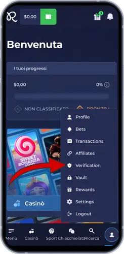 Menu utente Rainbet con profilo, verifiche e impostazioni