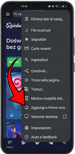 Menu del browser Android con opzione Aggiungi a Home screen evidenziata
