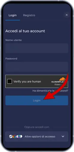 Pagina di Login Rainbet con verifica umana e pulsante di accesso
