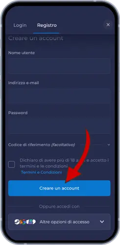 Pagina di registrazione Rainbet con modulo creazione account
