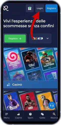 Pagina iniziale Rainbet con pulsante Login evidenziato