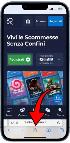 Sito Rainbet su Safari con pulsante di condivisione evidenziato in basso