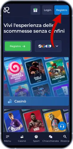 Schermata principale Rainbet con pulsante Registrazione evidenziato