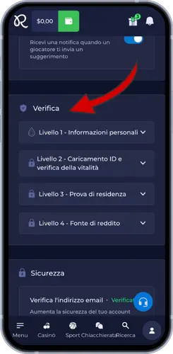 Sezione Verifica account su Rainbet con livelli KYC